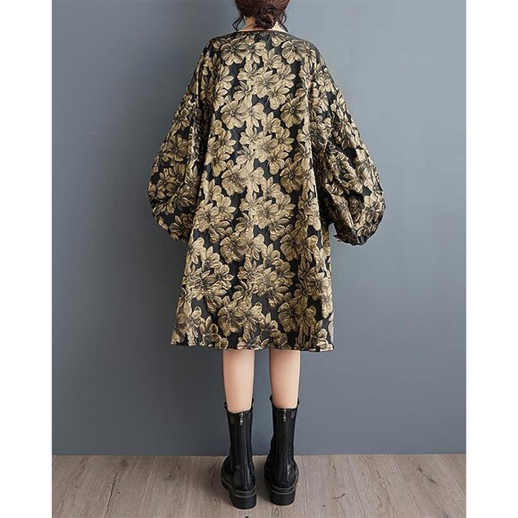 Women's Cotton-Polyester Long Sleeve Crewneck Casual Dress Oversize - Picture 5 of 6